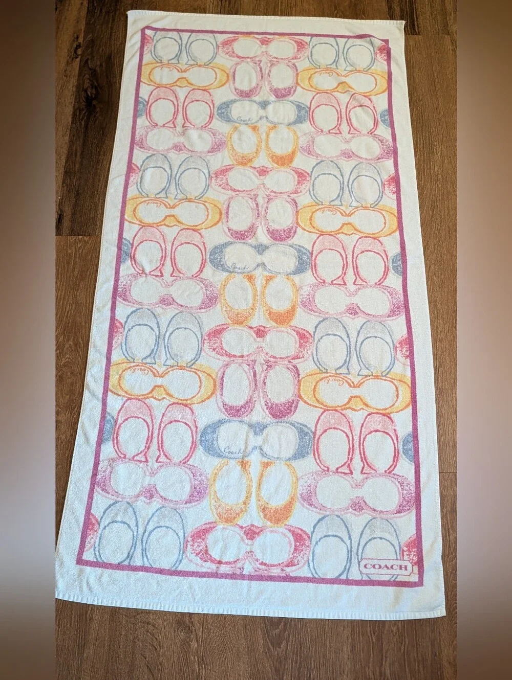 Coach Swim Towel White Pink Yellow  Blue Signature Print 32